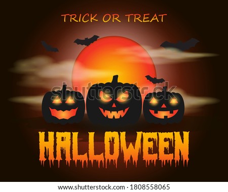 Vector illustration of halloween, scary pumpkin in front of fullmoon and clouds with bats, spooky halloween poster.