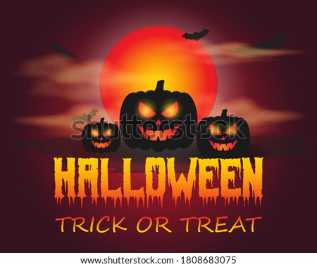 Vector illustration of halloween, scary pumpkin in front of fullmoon and clouds with bats, spooky halloween poster.