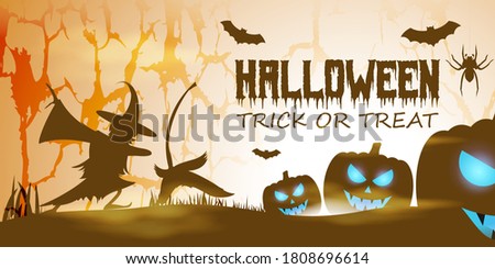 Vector illustration of halloween festival with scary pumpkins, flying bats, witch and her broom in front of fullmoon, spooky night Halloween poster.