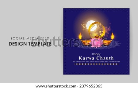 Vector illustration of Happy Karva Chauth social media feed template written Hindi text means karwa chauth