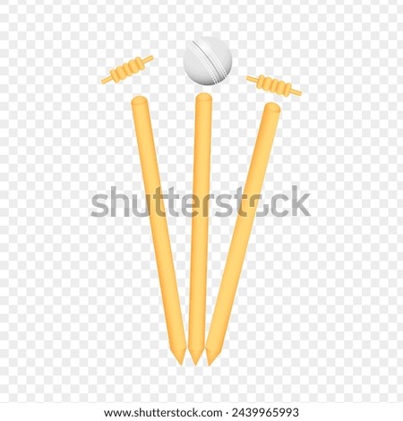 Cricket wicket stumps with flying ball on transparent background