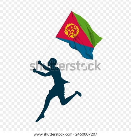 Vector illustration of man running and holding Eritrea flag in hands on transparent background