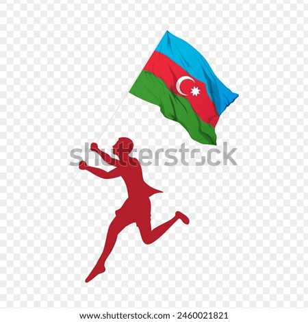 Vector illustration of man running and holding Azerbaijan flag in hands on transparent background