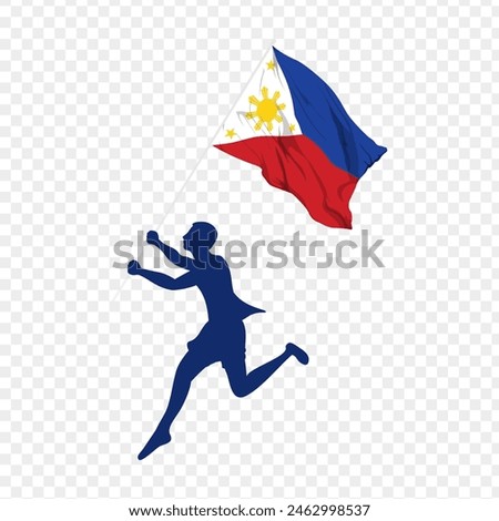 Vector illustration of man running and holding Philippines flag in hands on transparent background