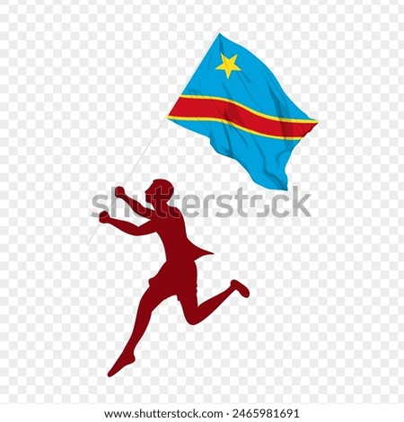 Vector illustration of man running and holding Democratic Republic of the Congo flag in hands on transparent background