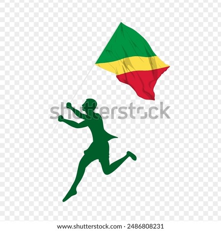 Vector illustration of man running and holding Republic of the Congo flag in hands on transparent background