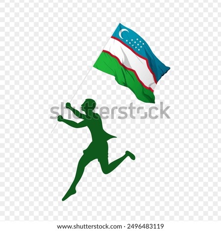 Vector illustration of man running and holding Uzbekistan flag in hands on transparent background