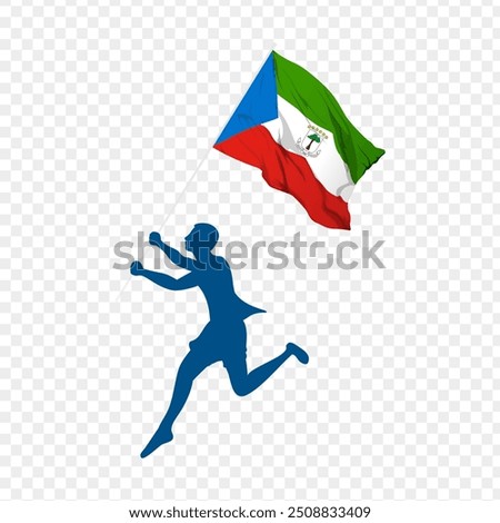 Vector illustration of man running and holding Equatorial Guinea flag in hands on transparent background