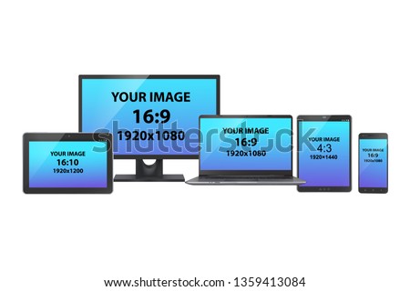 A set of electronic devices: PC monitor, tablets, laptop and smartphone with various screen size and aspect ratio, on white background. Realistic vector mockup.