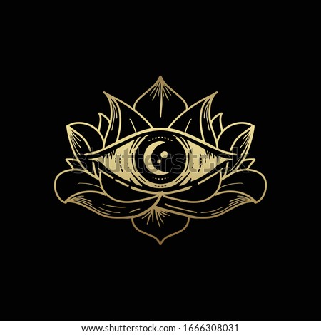 All seeing eye symbol with golden moon and lotus ornament. Vision of Providence. Luxurious, alchemy, religion, spirituality, occultism, tattoo art, tarot, yoga. Isolated vector illustration .eps 10