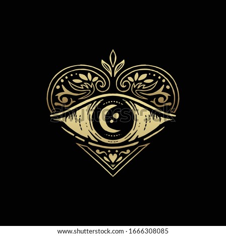 All seeing eye symbol with golden heart ornament. Vision of Providence. Luxurious, alchemy, religion, spirituality, occultism, tattoo art, tarot, yoga. Isolated vector illustration .eps 10