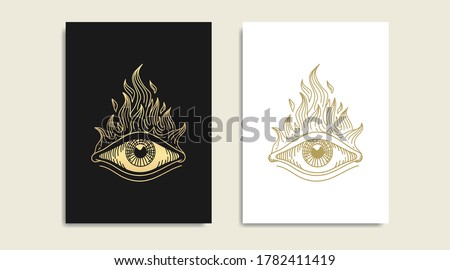 All seeing eye with fire, symbol of the Masons, fire and  gold logo, spiritual guidance tarot reader design. engraving, decorative illustration tattoo