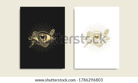 Snake with All seeing eye, symbol of the Masons, eye and  gold logo, spiritual guidance tarot reader design. engraving, decorative illustration tattoo