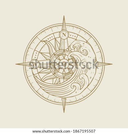 Compass and waves in high tide, spiritual guidance tarot reader Colorful gradient design. illustration.