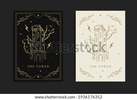 The Tower. Major Arcana tarot card, with engraving, luxury, esoteric, boho, spiritual, geometric, astrology, magic themes, for tarot reader card. Premium Vector