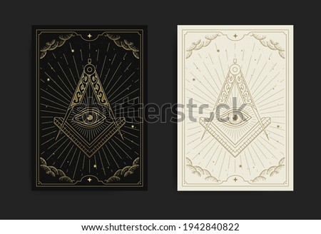 The Square, Compasses dan All-Seeing Eye with engraving, handrawn, luxury, esoteric, boho style, fit for spiritualist, tarot card, astrology or tattoo