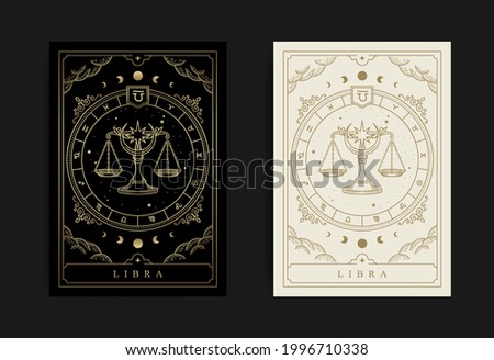Libra zodiac symbol with engraving, hand drawn, luxury, esoteric and boho styles. Fit for paranormal, tarot readers and astrologers