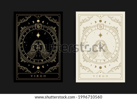 Virgo zodiac symbol with engraving, hand drawn, luxury, esoteric and boho styles. Fit for paranormal, tarot readers and astrologers
