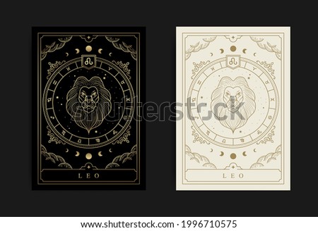 Leo zodiac symbol with engraving, hand drawn, luxury, esoteric and boho styles. Fit for paranormal, tarot readers and astrologers