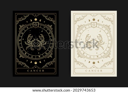 Cancer zodiac symbol with engraving, hand drawn, luxury, esoteric and boho styles. Fit for paranormal, tarot readers and astrologers