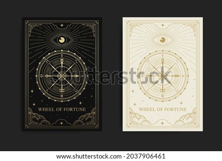 Wheel of fortune tarot card in engraving, luxury, esoteric, boho style. Suitable for spiritualists, psychics, tarot, fortune tellers, astrologers and tattoo ストックフォト © 