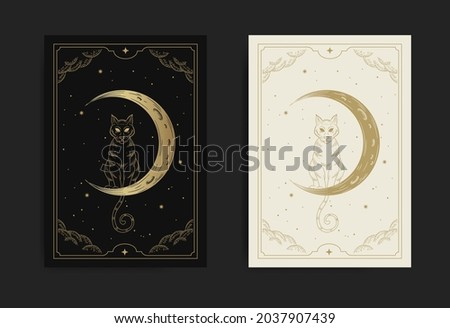 Cat and crescent moon in the night sky in carved, luxurious, esoteric, boho style. Suitable for spiritualists, psychics, tarot, fortune tellers, astrologers and tattoo