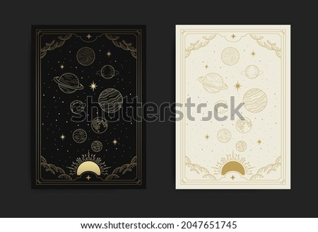 Magical solar system, sun planet and starry space in golden engraving, hand drawn, line art, luxury, celestial, esoteric, boho style