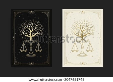 Tree with scale of justice or balance symbol also known as sign of libra constellation, in carving, hand drawn, line art, luxury, heavenly, esoteric, boho style