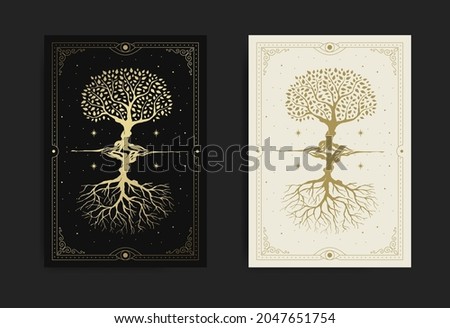 Magical and mystical sacred tree reflected or mirroring at starry night sky in golden engraving, hand drawn, line art, luxury, celestial, esoteric, boho style