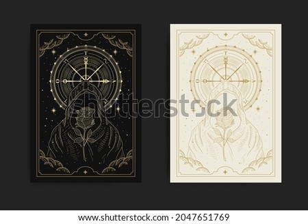 Faceless wizard or sorcerer with rose flower and wheel of fortune in golden engraving, hand drawn, line art, luxury, celestial, esoteric, boho style
