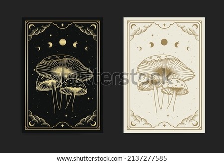 Magic mythical mushroom in engraving, hand drawn, luxury, esoteric, boho style, fit for spiritualist, religious, paranormal, tarot reader, astrologer or tattoo