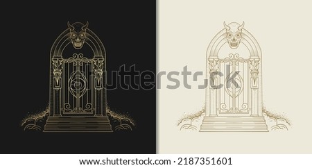 The gates of the cursed devil's lair. Vector illustration in engraving, hand drawn, luxury, esoteric, fit for spiritualist, religious, paranormal, tarot reader, astrologer or tattoo