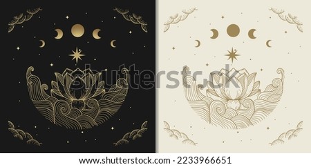 Gold water lily engraving with star ornament and moon phases