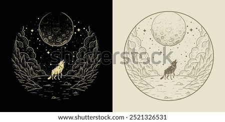 Mystical Wolf Howling at the Moon in the Night