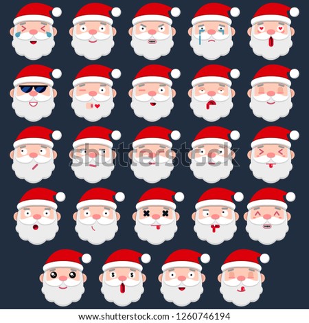 Set of Cute Santa claus icons with different expressions of emotions. Santa Claus Emoji, face of Santa claus with different expressions of emotions. Vector illustration.Christmas emoji collection.