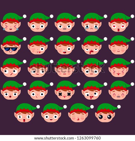 Set of Cute Santa Elf emoji cons with different expressions of emotions. Elf Emoji, face of Elf with different expressions of emotions. Vector illustration.Christmas emoji collection.