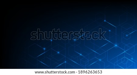 Abstract geometric blue lines on dark blue background with lighting effect. Modern technology futuristic digital patterns. Hexagon geometry structure. Vector illustration