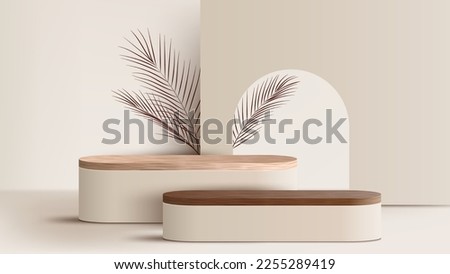 3D realistic wooden podium platform stand decoration with brown palm leaves backdrop minimal wall scene on beige background. Display for spa and beauty, cosmetic product presentation showcase, mock up