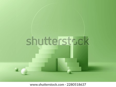 3D realistic studio room green cube podium stand with ladder steps goal target success decoration circle transparent glass backdrop and balls on minimal wall scene green background. Product display