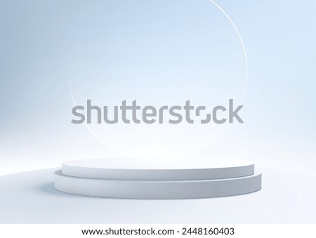 3D white podium stand with circle glass backdrop on blue sky background is perfect for modern interior concept product display mockups. Vector illustration