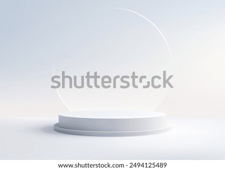 Minimalist 3D White Circular Podium with soft Background and Glass Circle Element for Product Display, Mockup