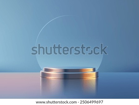 Mockup of a 3D Metallic Podium with Circular Glass Dome on Blue Background, Luxury Product Display in Minimalist and Modern Design for Elegant Showcase or Showroom