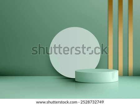 A modern minimalist scene featuring a green cylindrical podium, a large white circle, and gold vertical stripes. Ideal for product displays or mockups