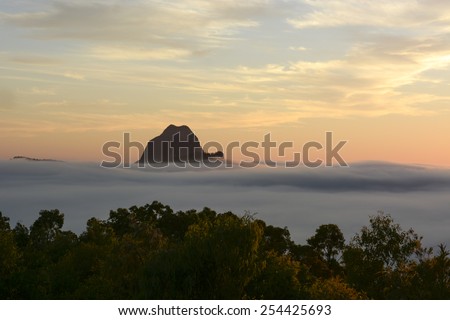 Tibrogargan, Glasshouse Mountains, morning, sky, Queensland, peeping through the early morning mist