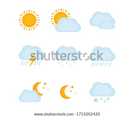 Weather forecast linear icons set. Snow, rain, sleet. Shower or drizzle, thunderstorm. Sunny, cloudy, foggy and windy weather. Contour symbols. Isolated vector outline illustrations