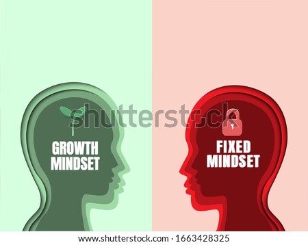 Human head with brain inside. Growth mindset VS Fixed mindset. Mindset Opposite Positivity Negativity Thinking Concept. 3D abstract paper art style, Vector illustration.