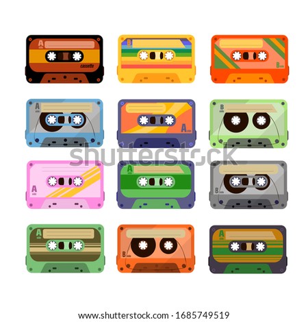 Vintage tape cassette. Retro mixtape, 1980s pop songs tapes and stereo music cassettes. 90s hifi disco dance audiocassette.