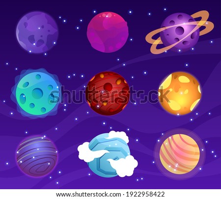 Mega huge pack of fantasy cartoon colorful planets. Fantasy abstract space objects vector illustration collection. Cosmic shapes.