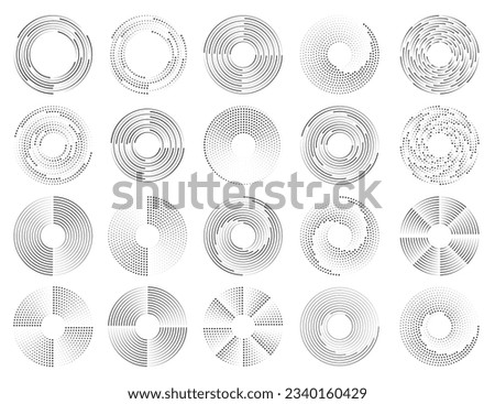 Circle dotted speed lines. Set of black thick halftone dotted speed lines. Round swirl and curves movement spiral symbols. Loading icons