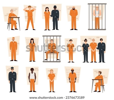 Various scenes from a prison on a white background. Vector illustration in a flat style. Prison icons set. Cartoon set of prison. Prison staff guard criminals.